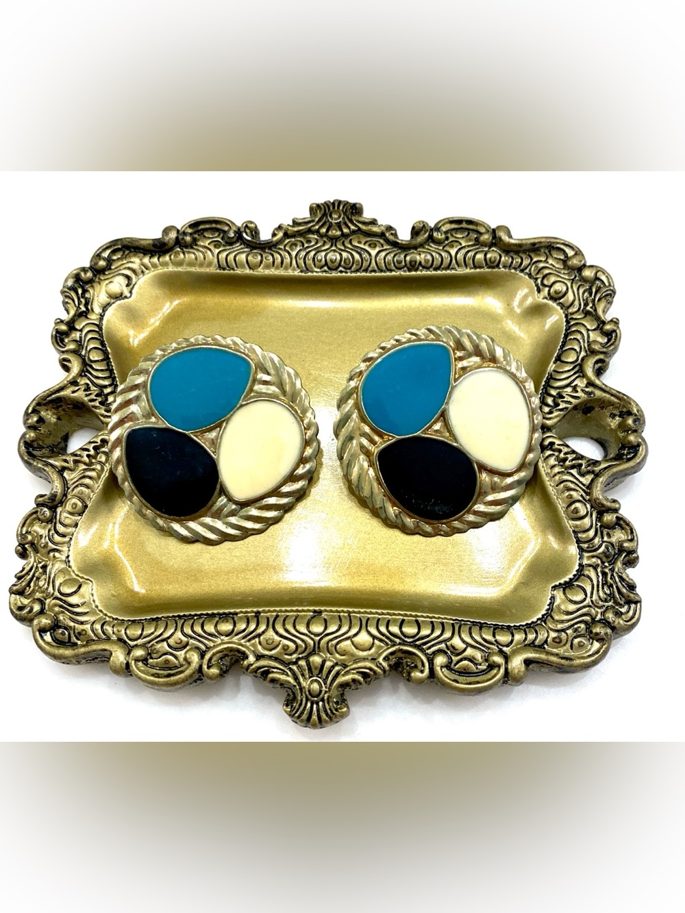 Vintage Gold Enamel Color Block Statement Button Stud Earrings 1980s Retro